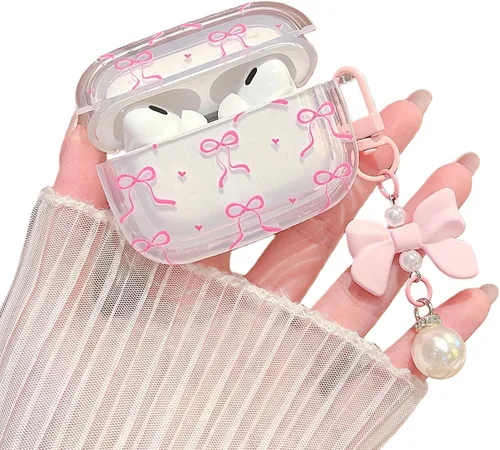 MINSCOSE Funda para AirPods Pro de 2ª/1ª generación, diseño de corazón con lazo de cinta femenina con bonito llavero de perla, funda protectora de