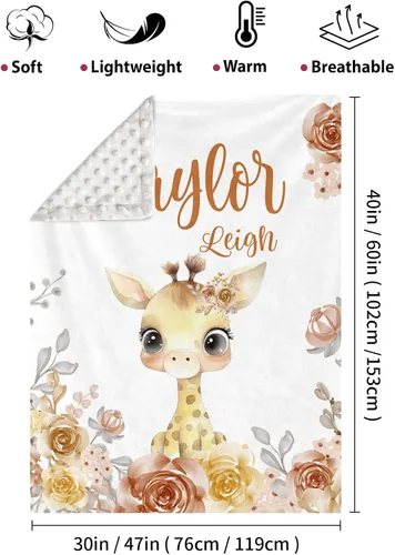 Miniatura 2 de Manta de bebé personalizada para niños, nombre personalizado con diseños de jirafa, franela suave con respaldo de puntos de doble capa, manta 17
