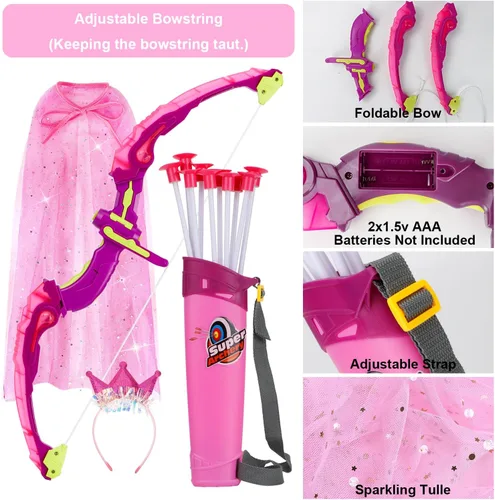 Miniatura 5 de Arco y flecha para niños, juego de tiro con arco con luz LED con capa de princesa y corona, 10 flechas de ventosa, objetivo y carcajes, juguete al