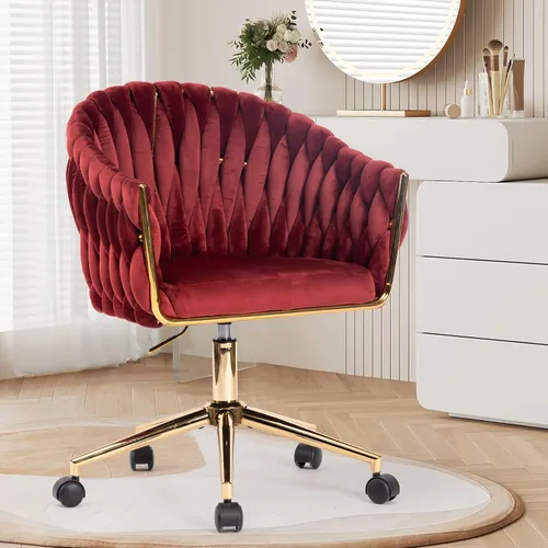 Miniatura 10 de Silla de Oficina de Terciopelo con Respaldo Tejido a Mano, Sillas de Escritorio de Tocador con Ruedas Doradas, Silla de Escritorio Giratoria