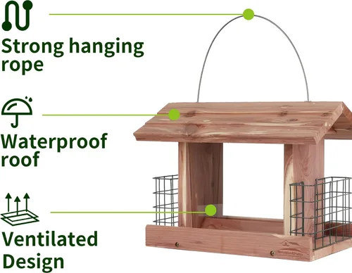 Miniatura 5 de Solution4Patio - Comedero para pájaros con tolva de cedro estadounidense para colgar al aire libre, jaula doble de sebo de madera hecha a mano