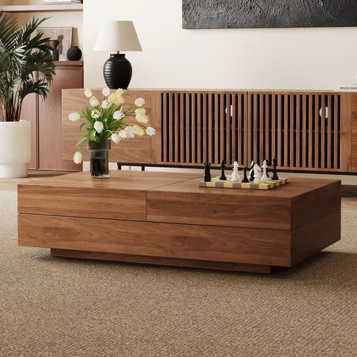 Miniatura 7 de Mesa de centro expandible de mediados de siglo con almacenamiento – Mesa central ajustable de 47.2"-81.9" para la sala de estar, acabado en madera