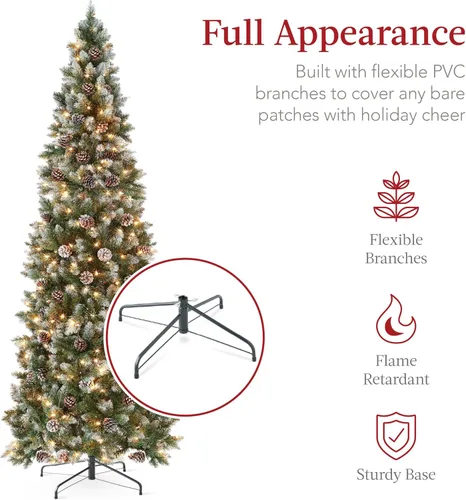 Miniatura 5 de Best Choice Products Árbol de Navidad artificial de 7.5 pies con bisagras de pino preiluminado, parcialmente flocado y escarchado, decoración