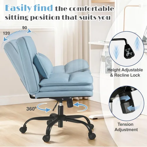 Miniatura 3 de Furmax Silla de oficina con patas cruzadas con ruedas, asiento extra ancho sin brazos, silla de escritorio giratoria, altura ajustable, cómoda