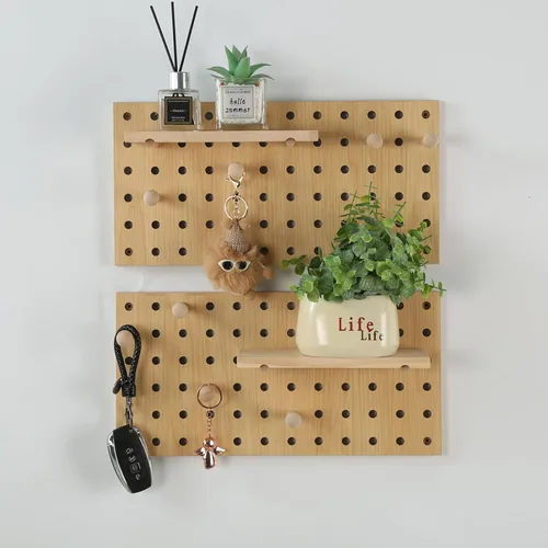 Miniatura 7 de Tablero de Clavijas de Madera Beige Expositor Modular Tablero de Clavijas de Madera Combinación Organizador de Pared Almacenamiento Ganchos de Pared