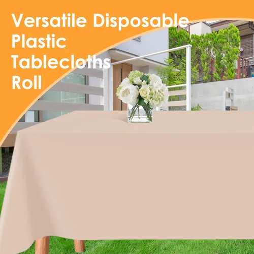 Miniatura 6 de tujol Rollo de mantel de mesa de plástico desechable beige de 54" X 100', cubierta de mesa de plástico con caja cortadora, mantel desechable cortado
