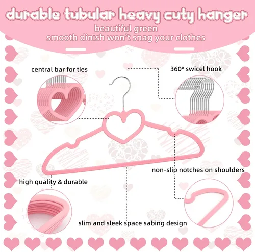 Miniatura 3 de Qunclay 50 piezas de perchas de terciopelo rosa en forma de corazón, perchas de fieltro antideslizantes, percha de abrigo de corazón resistente