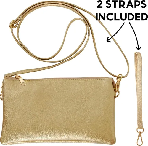 Miniatura 7 de Humble Chic bolsa pequeña de piel vegana, para usar cruzada o cartera con ajuste de pulsera, incluye hombro ajustable y correa para muñeca. Oro
