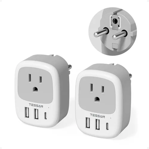 Paquete de 2 adaptadores de enchufe tipo E F, adaptador de salida TESSAN de Corea del Sur con 3 puertos USB (1 USB C), enchufe de viaje Schuko para