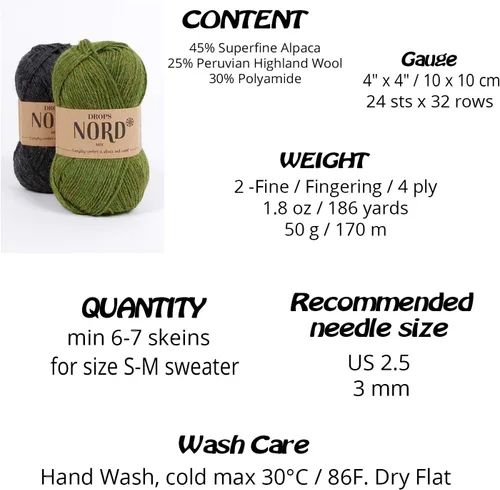 Mezcla de alpaca y lana superfina, Drops Nord, 2 o fina, peso de dedos, 4 capas, 1.8 onzas, 186 yardas por bola (09 océano profundo)