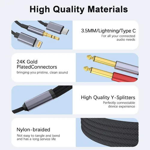 Miniatura 4 de USB C 0.138 in y Lightning a Dual 0.250 in 1/4" TS Mono Stereo Y-Cable, 3 en 1 Dual 1/4 pulgadas Cable de audio compatible