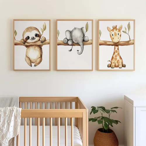 Miniatura 6 de Decoración artística de pared de animales para guardería, imágenes de la habitación del bebé, safari de la selva, lienzo para decoración de pared