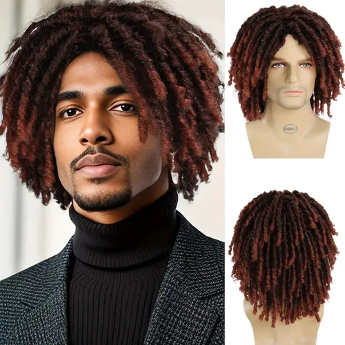 Miniatura 12 de GNIMEGIL Peluca de rastas cortas de 14 pulgadas para hombre, estilo afro bob, ombré, color marrón claro, cabello trenzado de ganchillo, pelucas