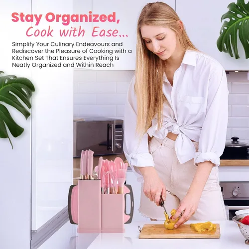 Miniatura 4 de Utensilios de cocina rosados del silicón, sistema de cocina antiadherente, manija de madera BPA no tóxica libre