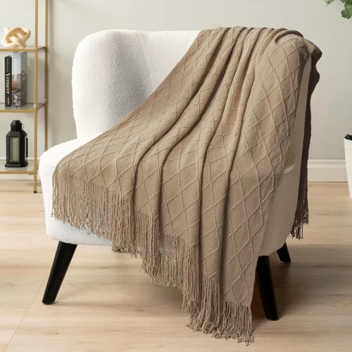 Miniatura 8 de PAVILIA Manta de punto marrón claro para sofá, cama individual, cobija suave de estilo granja para sofá del salón, ligera decorativa para otoño