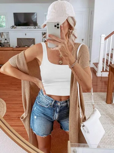 Miniatura 4 de REORIA - Ombliguera sin mangas y costuras con doble forro cuello cuadrado sexy para mujer y yoga
