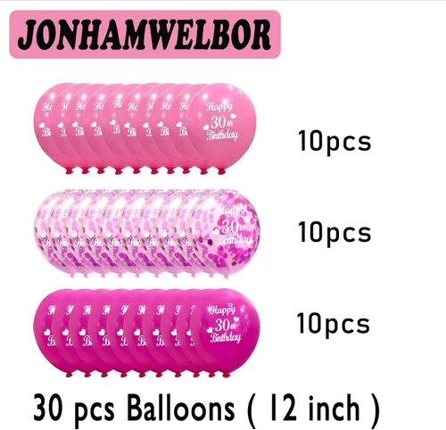 Miniatura 2 de JONHAMWELBOR Globos de Feliz 30º Cumpleaños (30 piezas de 12 pulgadas) Rosa Intenso y Rosa Látex Inflables Confeti Aniversario Fiesta Globos