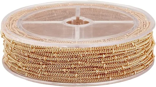 Miniatura 6 de Cadenas de latón de bronce antiguo de 49 pies con eslabones trenzados, cable soldado con cuentas cruzadas de satélite con carrete de 0.079 x 0.059