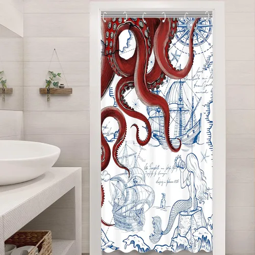 Miniatura 6 de Fungarth Cortina de Ducha Puesto Náutica de Pulpo Rojo Azul Marino Sirena Divertida Océano Kraken Cortinas de Ducha para Baño Ancla Genial Mapa