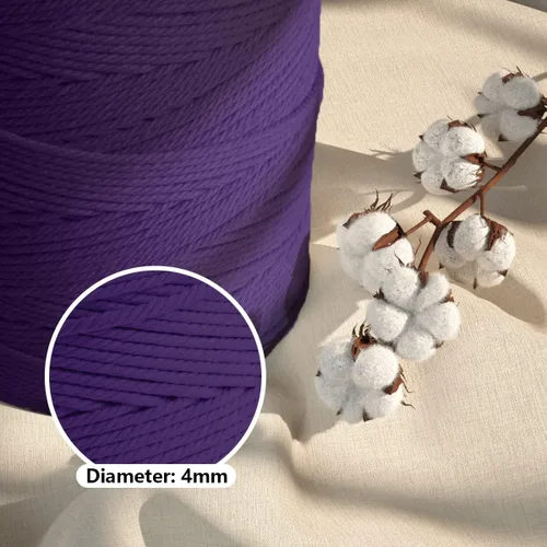Miniatura 3 de Cuerda de macramé de algodón de 4 mm x 547 yardas, ZUEXT cuerdas trenzadas naturales hechas a mano de color violeta oscuro púrpura de 4 hebras