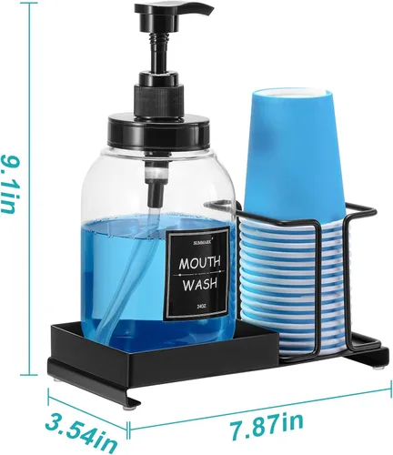 Miniatura 5 de Dispensador de enjuague bucal Summark para baño, botella de bomba de enjuague bucal con portavasos de acero inoxidable, recipiente de enjuague bucal