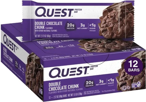 Quest Nutrition Barras de proteína con trozos de chocolate doble, barras de 20g de proteína, 1g de azúcar, 4g de carbohidratos netos, sin gluten,