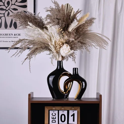 Miniatura 6 de Juego de 2 jarrones de cerámica huecos negros y dorados, estilo estético decorativo moderno nórdico bohemio ins, jarrones decorativos de flores