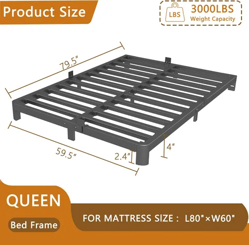 Miniatura 2 de Base de cama Queen de 4 pulgadas, no necesita somier, base de cama de plataforma con juntas de metal, soporte de listones de acero resistente, tapón