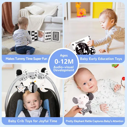 Miniatura 6 de Juguetes sensoriales para bebés de alto contraste para recién nacidos, en blanco y negro, para desarrollo cerebral de 0 a 6 a 12 meses, juguetes