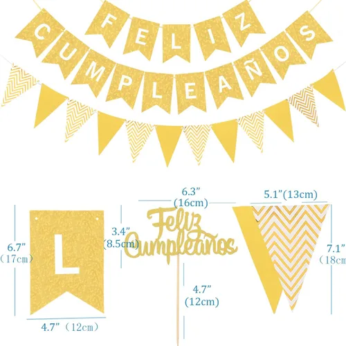 Miniatura 3 de Juego de decoración de Feliz Cumpleaños en español – Decoración de pastel de Feliz Cumpleaños Bandera Triángulo Bandera Oro Feliz Cumpleaños Banner