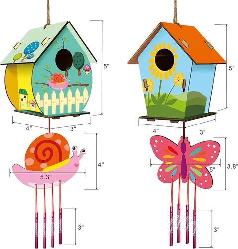 Miniatura 2 de Home Composer Paquete de 4 Kits DIY de Casa de Pájaros y Campana Eólica para Niños para Construir y Pintar, Artes y Manualidades de Madera