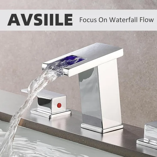 Miniatura 3 de AVSIILE Grifo de Baño LED de 3 Orificios, Grifos de Baño de Cascada Cromados, Grifo de Lavabo de Baño Moderno de 8 Pulgadas de Separación Amplia