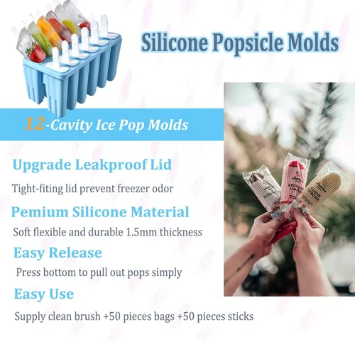Miniatura 9 de Moldes de silicona para paletas con palitos de 12 cavidades, molde para helado con cepillo limpio, 12 varillas reutilizables, 50 varillas, 50 Azul