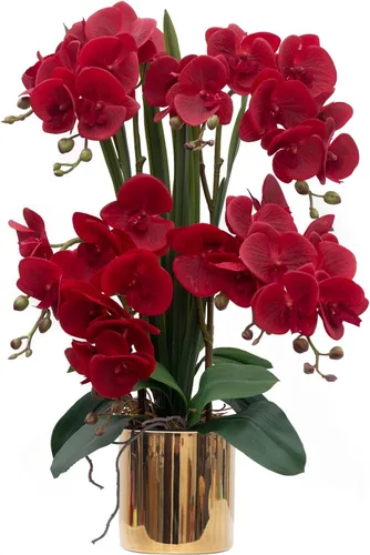 Miniatura 27 de CXGS Planta de orquídeas artificiales de tacto real, orquídeas falsas en jarrón de cerámica, naranja, 19.7 pulgadas, arreglo floral falso