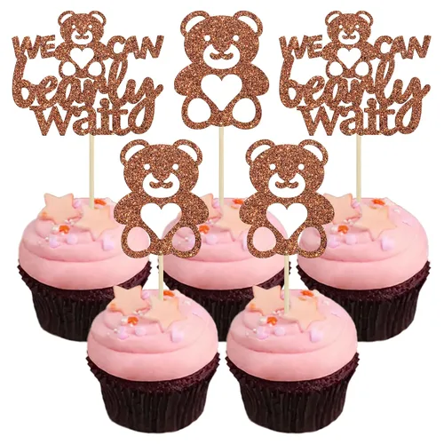 Gyufise 24 piezas de decoración para cupcakes con texto en inglés «We Can Bearly Wait» («We Can Bearly Wait») para cupcakes con purpurina marrón de