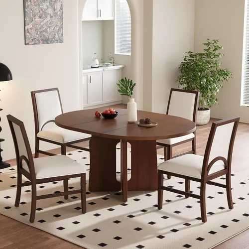 Miniatura 15 de Merax - Juego de mesa de comedor redonda extensible para 4-6, juego de mesa de cocina de granja con 4 sillas tapizadas y hojas extraíbles