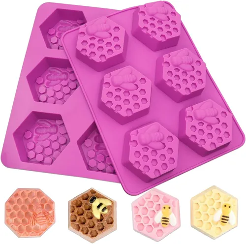 Sakolla Paquete de 2 moldes de silicona para jabón de panal, 6 moldes de silicona hexagonales de abeja para jabón, barras de loción, cera para
