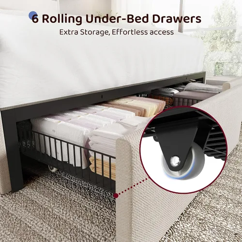 Miniatura 7 de BRELTAM Base de cama tamaño King con 6 cajones de almacenamiento, plataforma tapizada de lino con estación de carga y luces LED, diseño de cabecera