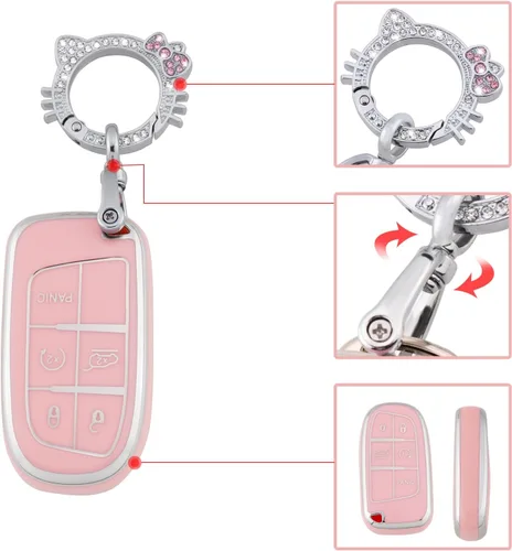 Miniatura 3 de Pangpai Funda para llavero rosa para Jeep, funda de protección de TPU suave con llavero brillante compatible con Jeep Grand Cherokee Renegade