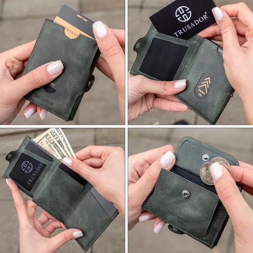 Miniatura 4 de TRUSADOR Valencia Cartera de piel unisex pequeña compacta bolsillo frontal RFID con bolsillo monedero, Verde, Con bolsillo para monedas
