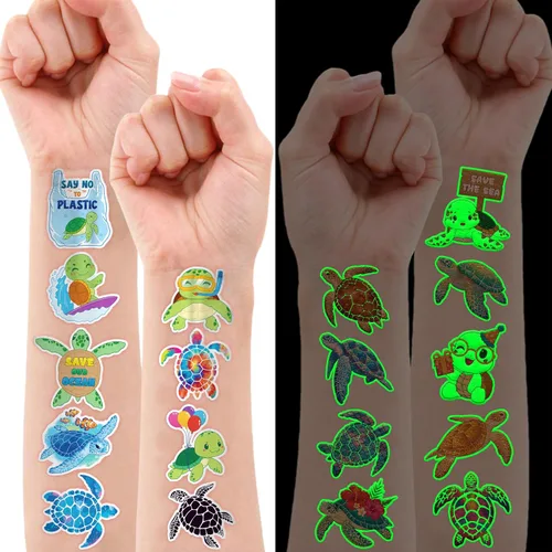 Miniatura 2 de 96 tatuajes temporales precortados de tortugas luminosas que brillan en la oscuridad para niños Suministros de decoración súper lindos