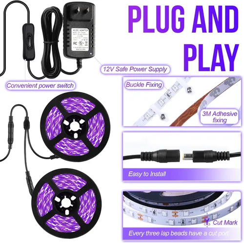 Miniatura 3 de Kit de tira de luz LED negra de 66 pies, 1200 unidades de cuentas de lámpara, 385 nm-400 nm, accesorios de luz negra flexible de 12 V, cinta LED