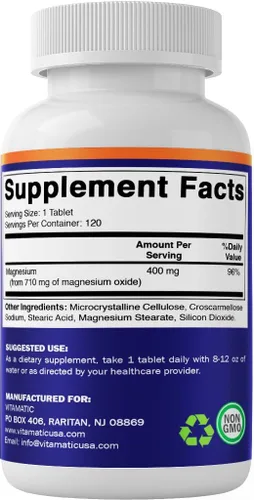 Miniatura 8 de Vitamatic Extra Stregth óxido de magnesio 400 mg 120 tabletas vegetarianas - Apoya la salud muscular, nerviosa y cardíaca* - Fabricado
