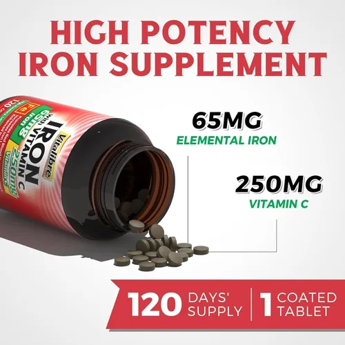 Miniatura 3 de Suplemento de hierro, 65 mg de hierro carbonilo con 250 mg de vitamina C, píldoras de hierro amigables con el estómago para mujeres y hombres, alta