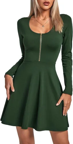 Miniatura 5 de Umenlele Vestido corto de manga larga con cuello redondo para mujer, estilo casual, fluido, con vuelo, corto