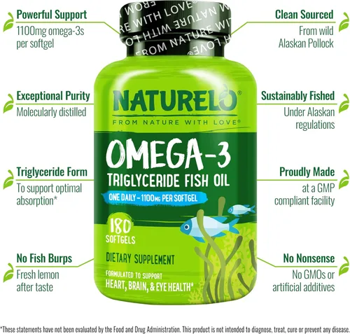 Miniatura 4 de NATURELO Suplemento de aceite de pescado omega 3 sin eructos, 1100 mg de triglicéridos omega-3, EPA + DHA, para corazón, ojos, cerebro, salud