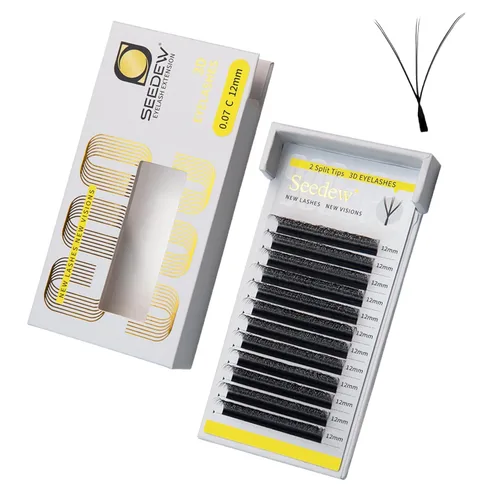 Miniatura 66 de Extensiones de pestañas con doble punta 3D, rizo D de 0.003 in, mezcla de 0.315-0.591 in, 12 filas por bandeja, tallo plano 3DD en forma de W
