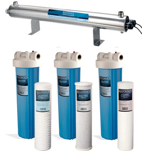 Bluonics Sistema purificador de filtro de agua de pozo de carbono y sedimentos UV de 110 W con puertos NPT de 1 pulgada, UV de 24 GPM con 3 filtros