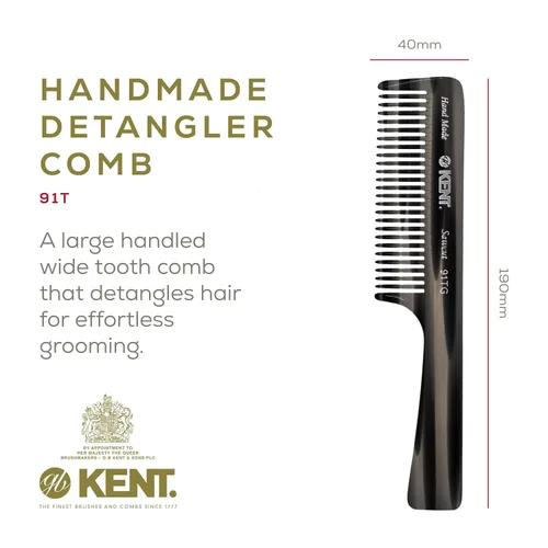 Miniatura 2 de Kent Peine desenredante de dientes anchos de grafito negro 91T para cabello rizado y ondulado, para mujeres y hombres, peine de ducha de mango