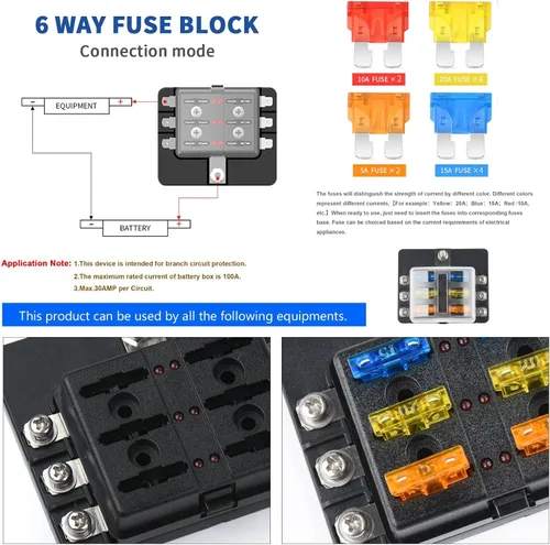 Miniatura 4 de Bloque de fusibles de 6 vías, fusible de hoja de 12 V, 6 circuitos, ATC/ATO, impermeable, soporte para caja de fusibles con indicador LED, cubierta